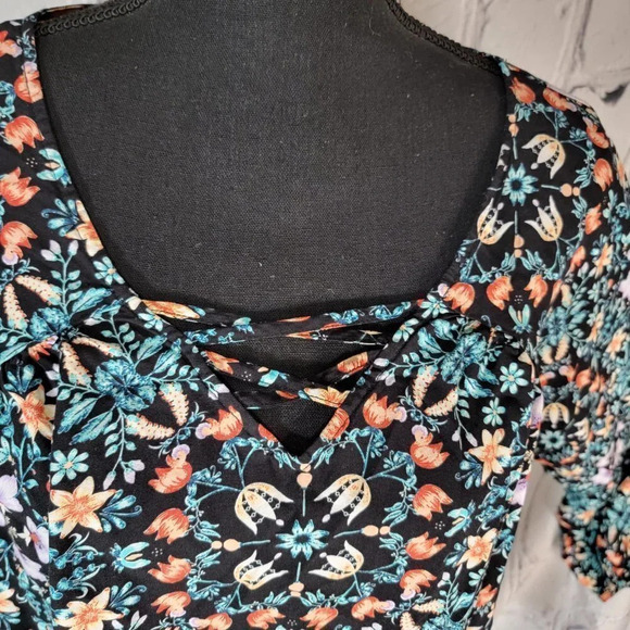A.n.a Flowy Black Blue Floral Boho Peasant Long Sleeve Blouse‎ Top Shirt Sz L - Picture 2 of 7